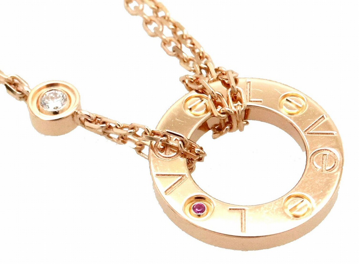 ジュエリー サークル サークル カルティエ ラブ L8ve Love Cartier ネックレス カルティエ K18pg ネックレス ダイヤモンド 新品仕上げ済 ペンダント ピンクゴールド ピンクサファイア 10年クリスマス限定品 2100 中古 S Blumin 店ｓランク品