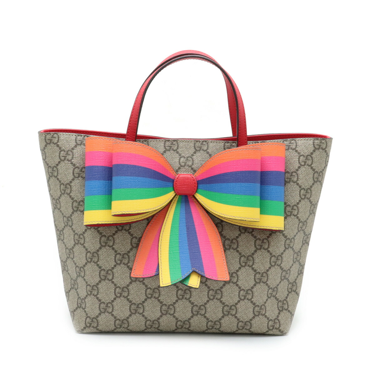 楽天市場 バッグ Gucci グッチ キッズライン Ggスプリーム ボウ リボン レインボー ハンドバッグ ミニトート Pvc レザー カーキベージュ レッド 赤 501804 中古 Blumin 楽天市場店
