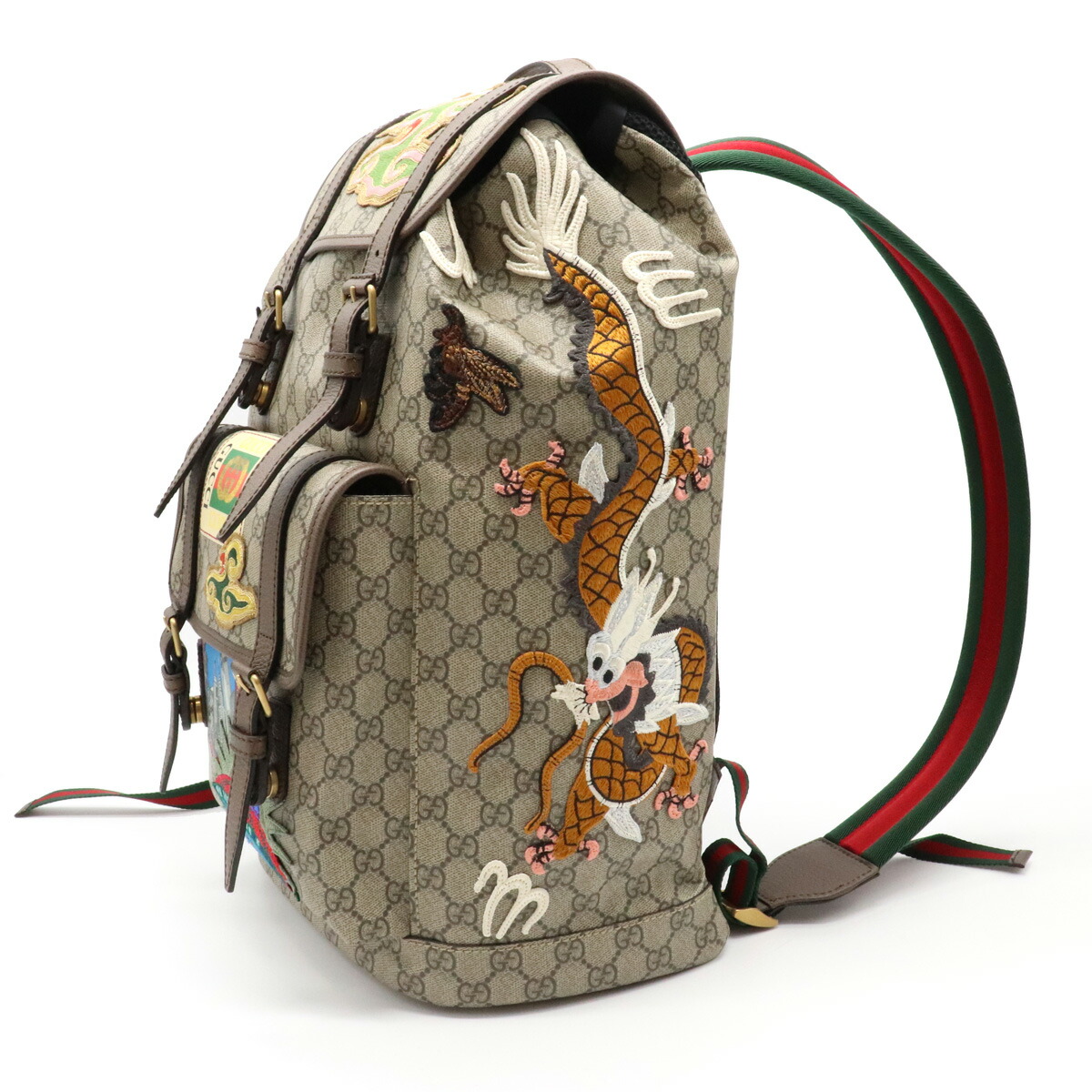 楽天市場 未使用品 バッグ Gucci グッチ ソフト Ggスプリーム クーリエ バックパック リュック 虎 タイガー ドラゴン 龍 蜂 ビー ワッペン コーティングキャンバス レザー カーキベージュ ブラウン 中古 Blumin 楽天市場店