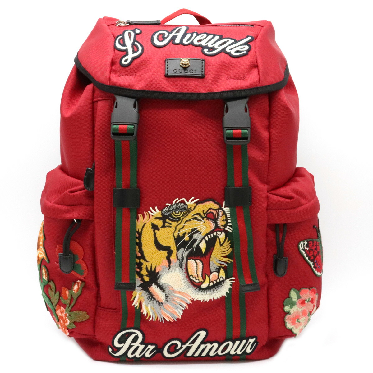 Gucci バックパック エンブロイダリー リュック グッチ 未使用品 リュック 刺繍 ワッペン バッグ タイガー 男女兼用バッグ 赤 タイガー レザー テクノキャンバス レッド マルチカラー 中古 Blumin 店