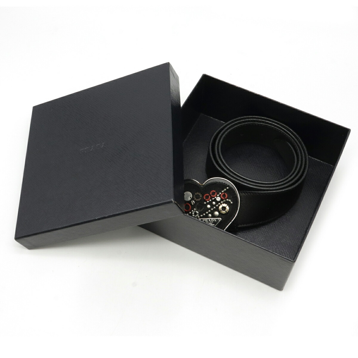 【アパレル】PRADAプラダベルトハートバックルロボットパッチネジレザーNERO黒ブラックシルバー金具#901C3435【中古】