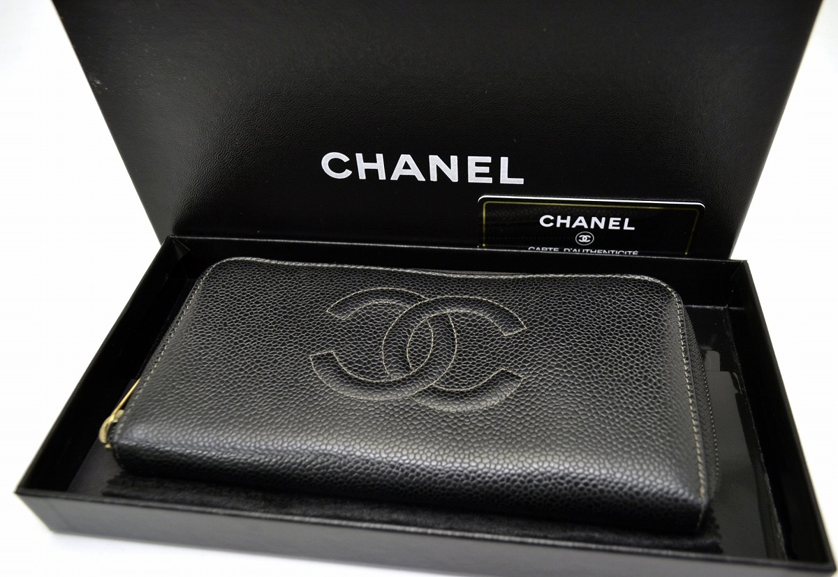 Y44 シャネル CHANEL キャビアスキン ココマーク 長財布 黒 がま口