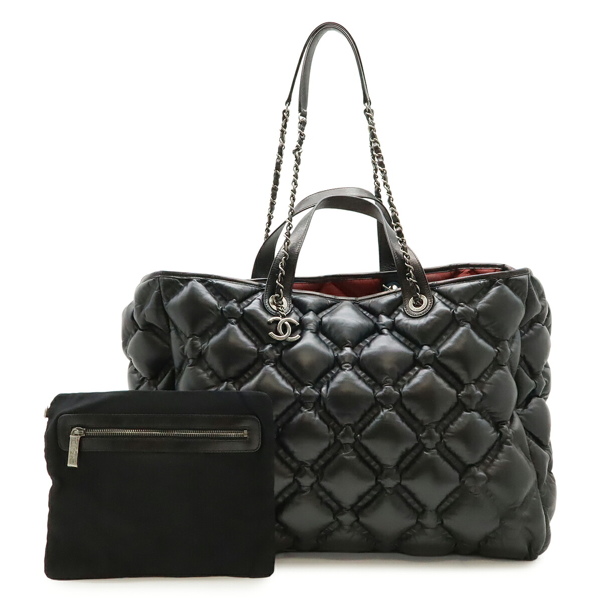 CHANEL シャネル バブルキルト トートバッグ ラージトート 2WAY ハンドバッグ チェーンショルダー 肩掛け レザー ブラック 黒 シルバー金具 【中古】
