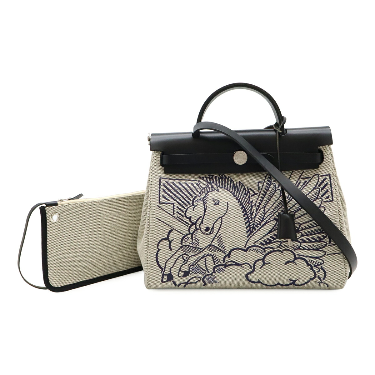 HERMES エルメス エールバッグ ジップ PM ペガサスポップ ハンドバッグ 2WAY ショルダーバッグ トワルオフィシエ ブラック 黒 ポーチ付き Y刻印 【中古】