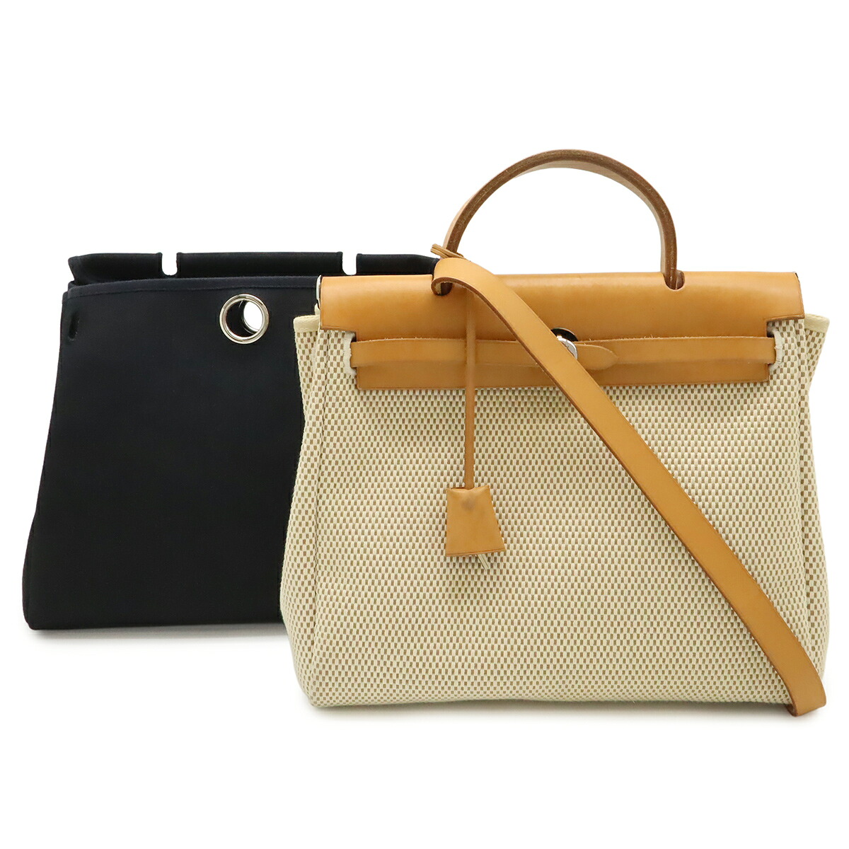 HERMES エルメス 叫び泣き御徒面子PM ハンドバック 2WAY 背嚢 うしろ側容器に並べる トワルGM なめし革 ベージュ 黒いこと 黒 点火装置赤銅色 □G目じるし 【中古】