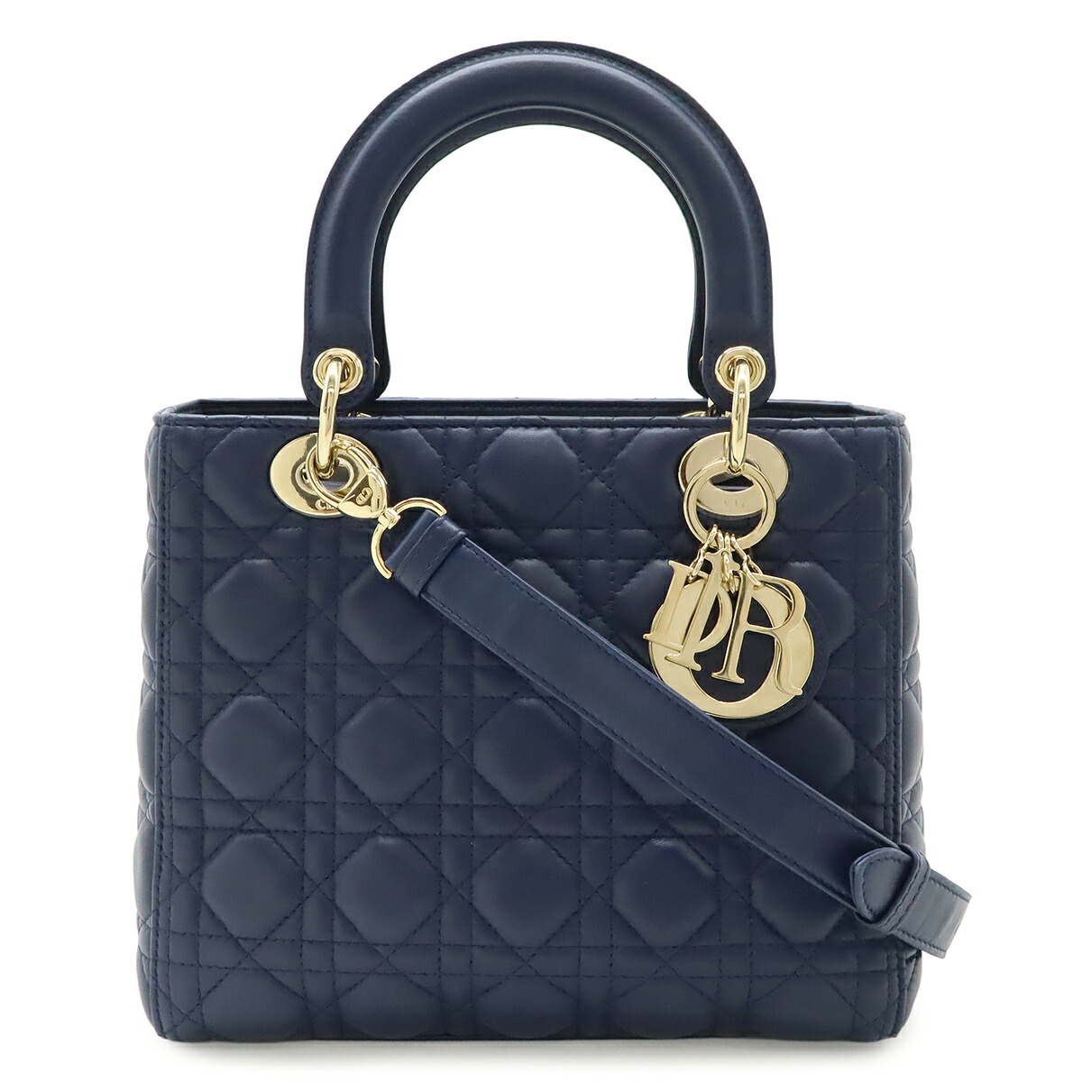 Christian Dior クリスチャン ディオール レディディオール カナージュ ハンドバッグ 2WAY ショルダーバッグ レザー ネイビー 紺 ゴールド金具 【中古】｜ブルーミン／森田質店