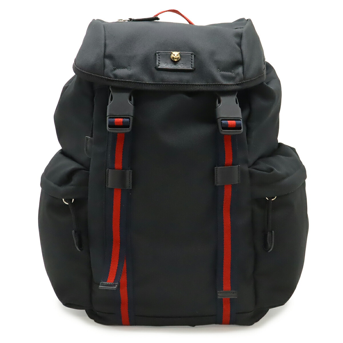 GUCCI グッチ テクノ帆布 ウェブライン シェリー酒伝達ルート キャットヘッド うしろ側容器に並べる 背嚢 なめし革 黒いこと 黒 429037  【中古】