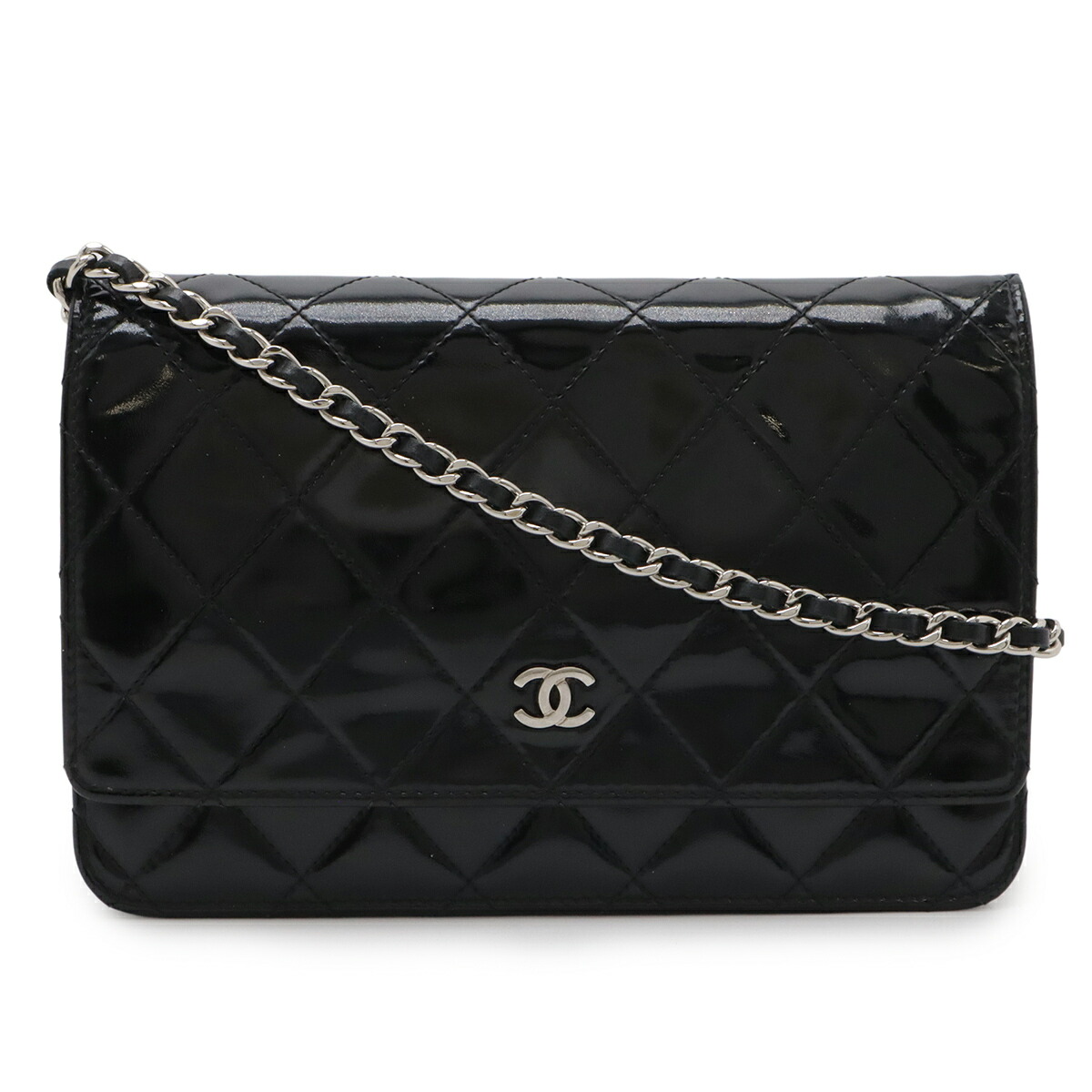 CHANEL シャネル マトラッセ ココマーク チェーンウォレット チェーンショルダーバッグ エナメル パテントレザー ブラック 黒 シルバー金具 A33814 【中古】