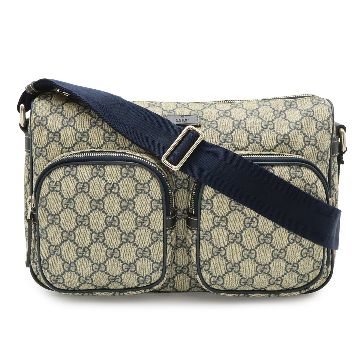 GUCCI グッチ GGスプリーム GGプラス ショルダーバッグ メッセンジャーバッグ PVC レザー ベージュ ネイビー 紺 シルバー金具 246881 【中古】|ブルーミン/森田質店