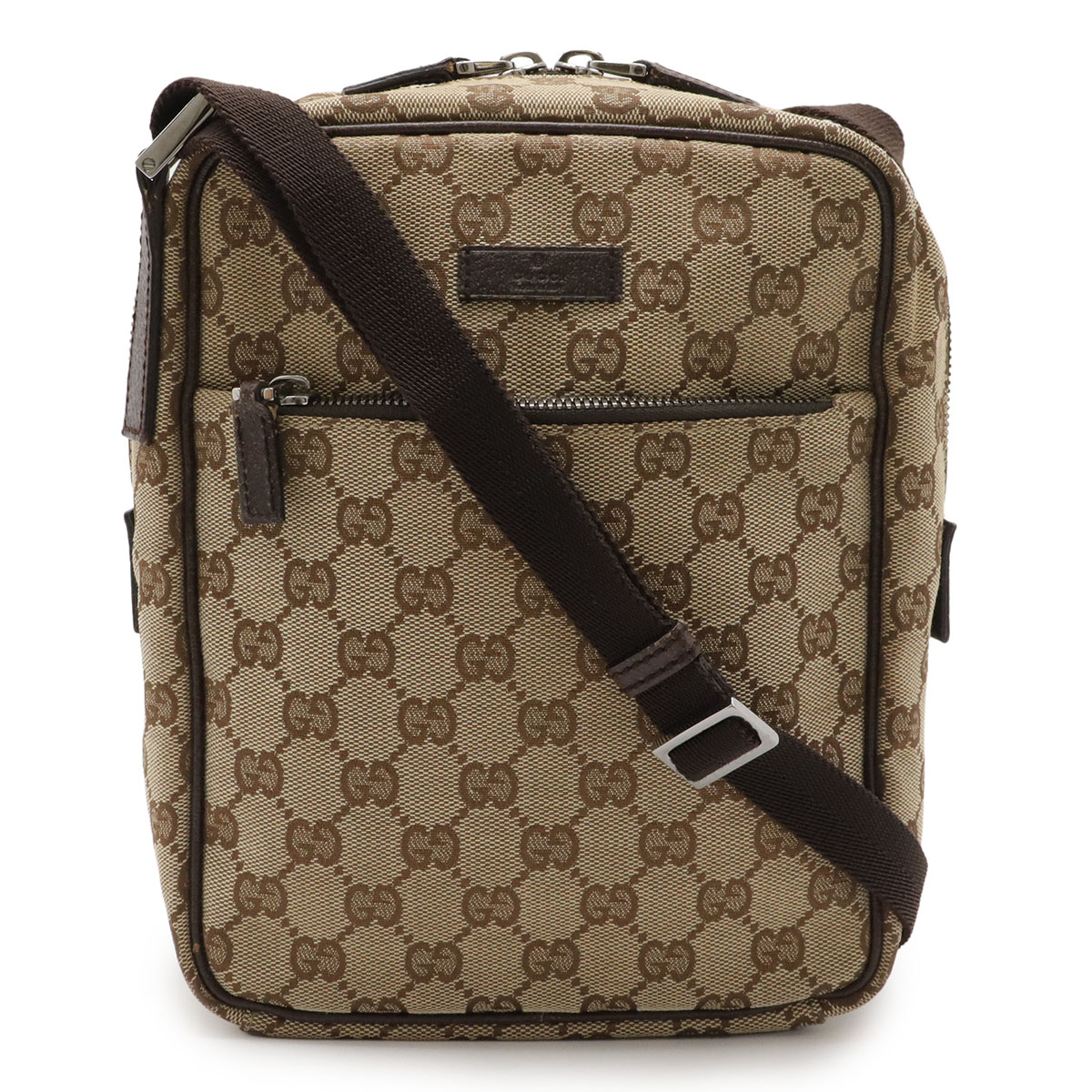 GUCCI グッチ GGキャンバス ショルダーバッグ ポシェット 斜め掛け レザー カーキベージュ ダークブラウン 茶 シルバー金具 03136 【中古】