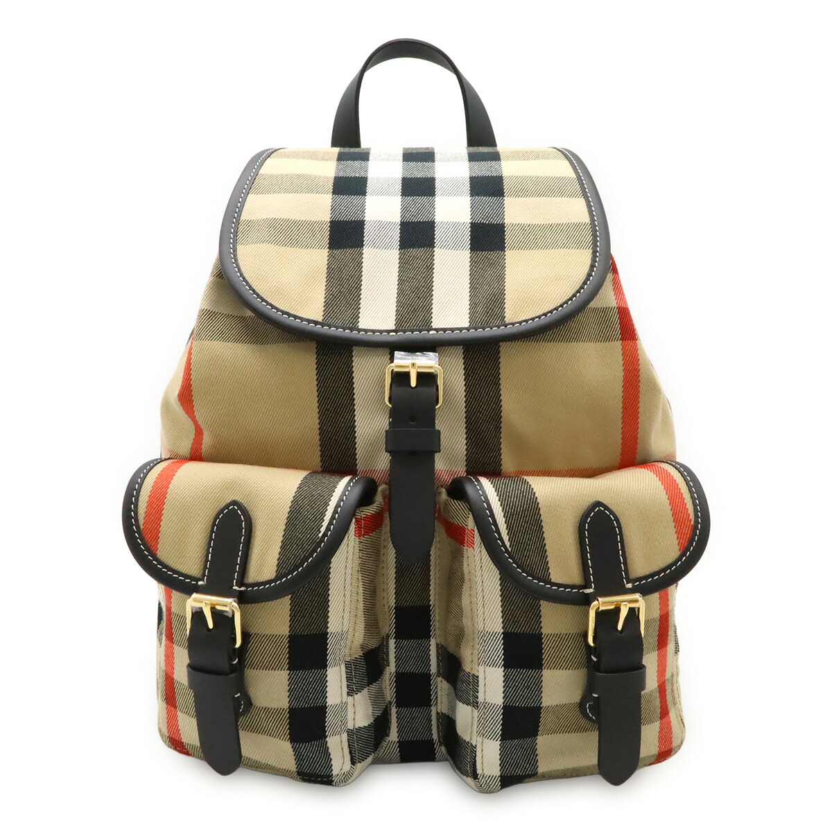 BURBERRY バーバリー ハウスチェック チェック柄 リュックサック バックパック キャンバス レザー ベージュ ブラック レッド ゴールド金具 8123101 【中古】｜ブルーミン／森田質店