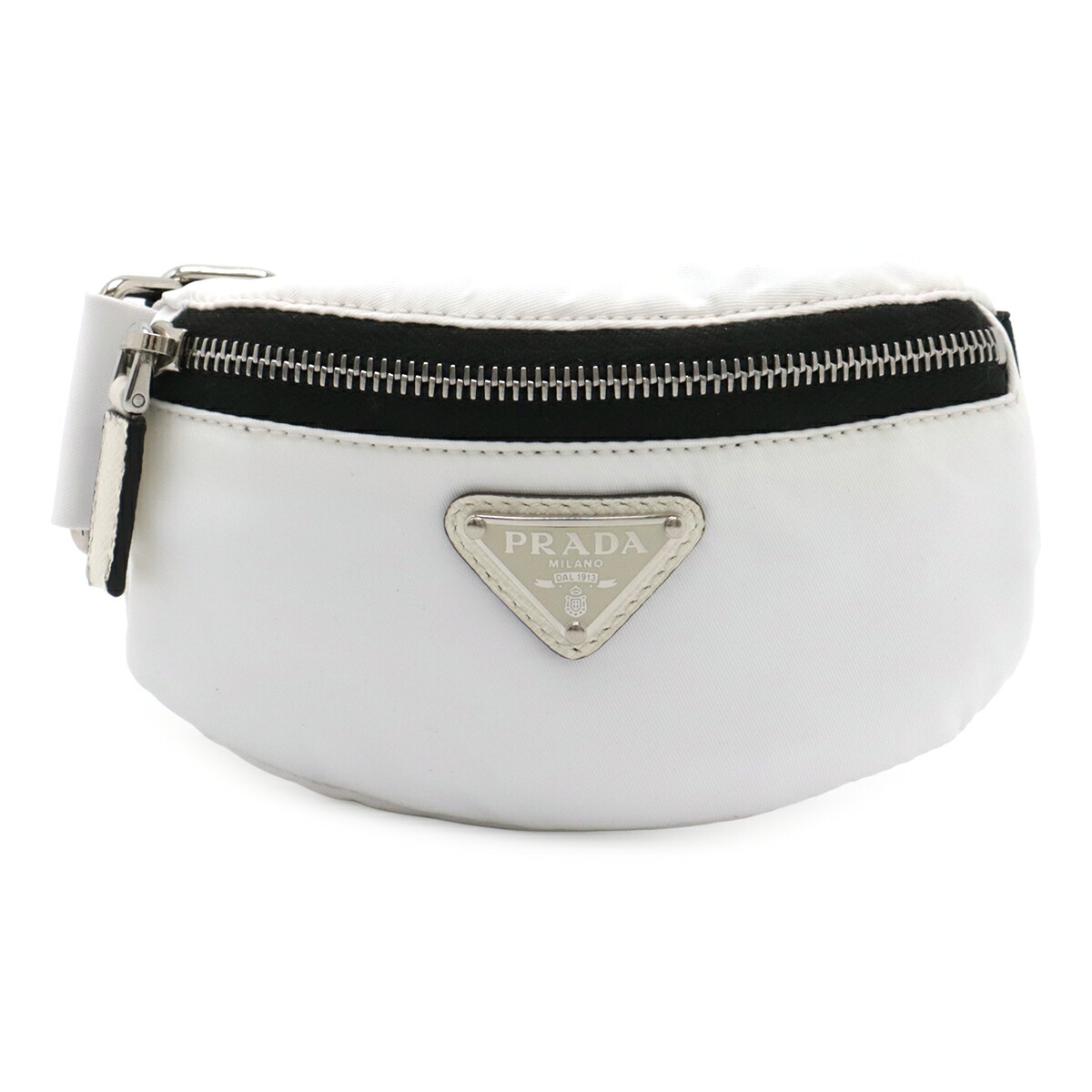 PRADA プラダ ３角形ロゴタイプ リストバンドポーチ マルチ合切袋 小入れもの ナイロン なめし革 BLANCO 白 白いこと しろがね色金具 1TT095 【中古】