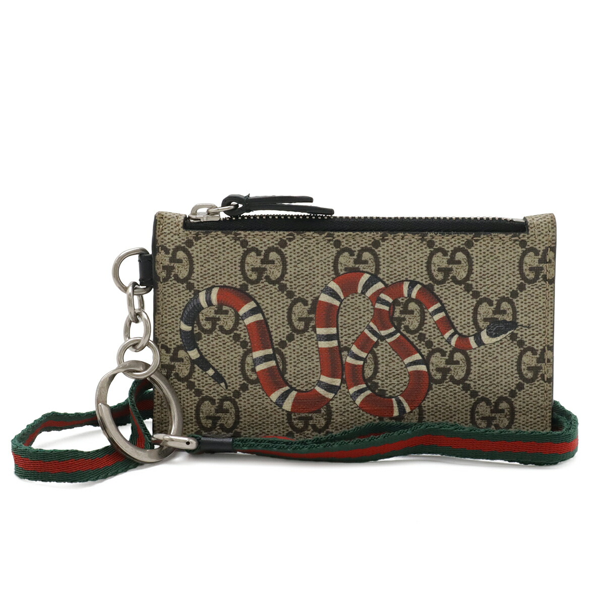 GUCCI グッチ GGスプリーム キングスネーク 蛇 コインケース 小銭入れ カードホルダー ネックストラップ PVC レザー ベージュ レッド 523903 【中古】 30,420円