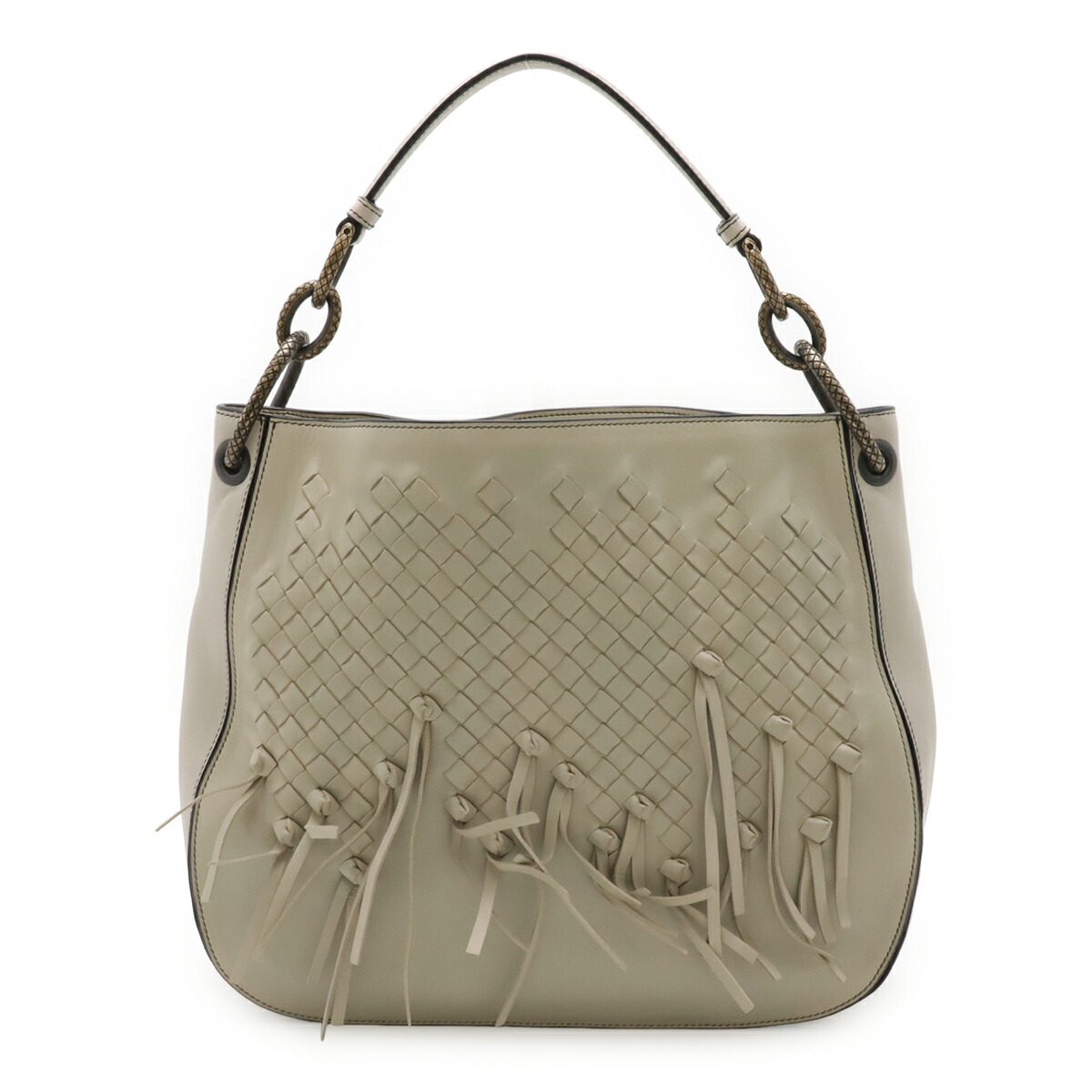 BOTTEGA VENETA ボッテガ ヴェネタ イントレチャート ブリオ 一肩先 ショルダーバッグ 航空マイル フリンジ なめし革 ライトグレージュ 494119 【中古】