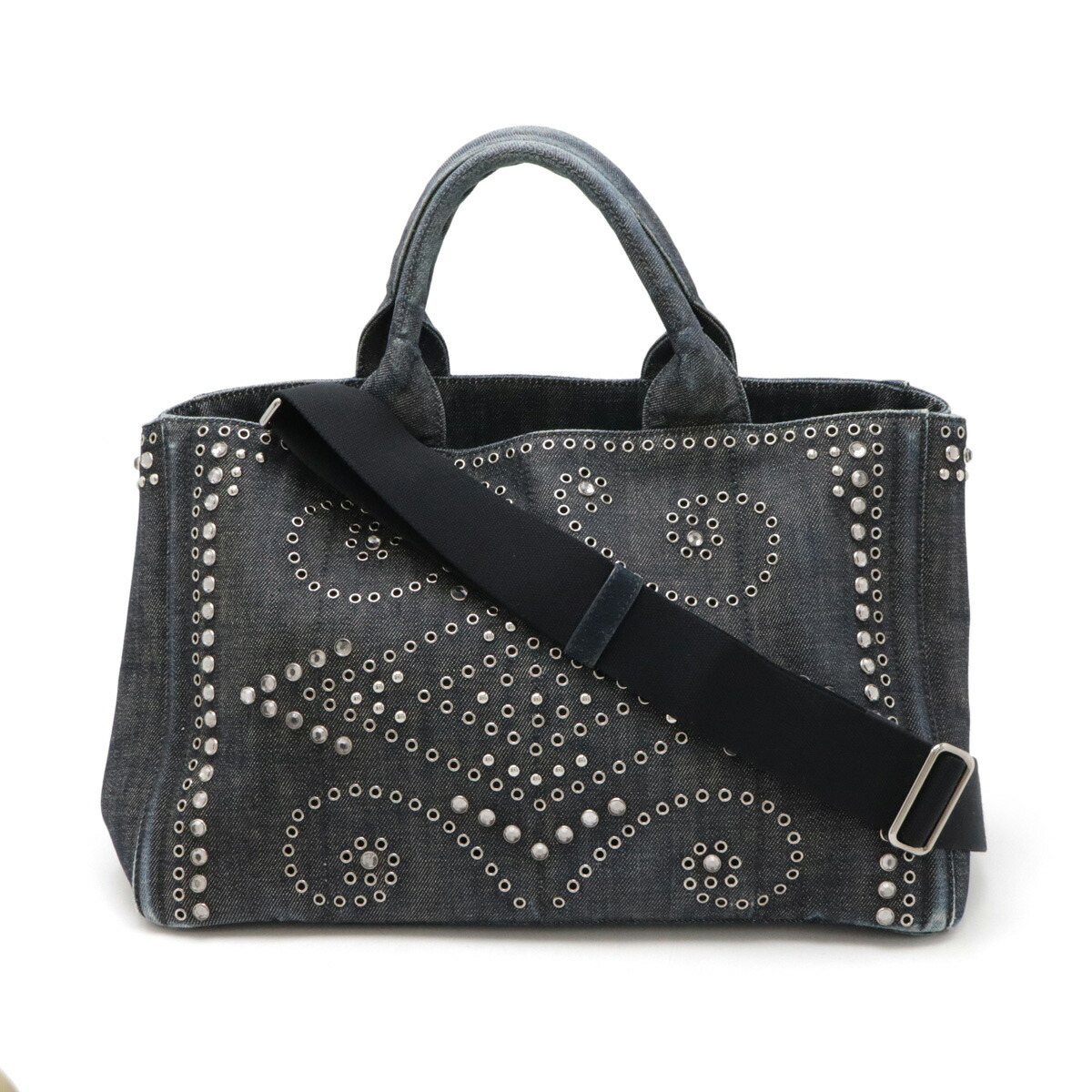 （みゅう）PRADA カナパ Sスタッズ ビジュー ブラックハンドバッグ 美品】PRADA プラダ カナパ 黒 ブラック ビジュー スタッズ Sサイズ