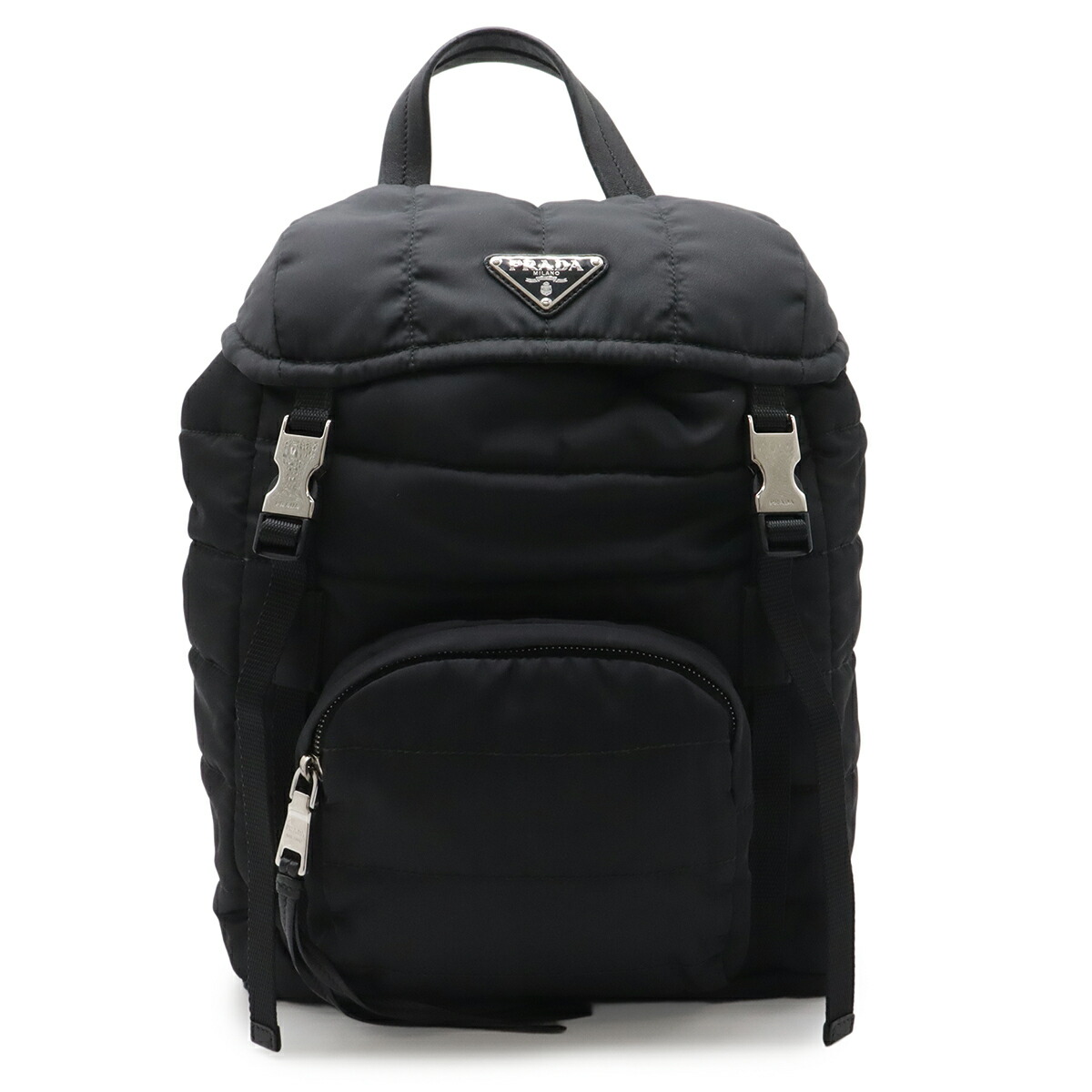 PRADA プラダ トライアングルロゴ バックパック リュックサック キルティング ナイロン レザー NERO 黒 ブラック シルバー金具 1BZ002 【中古】