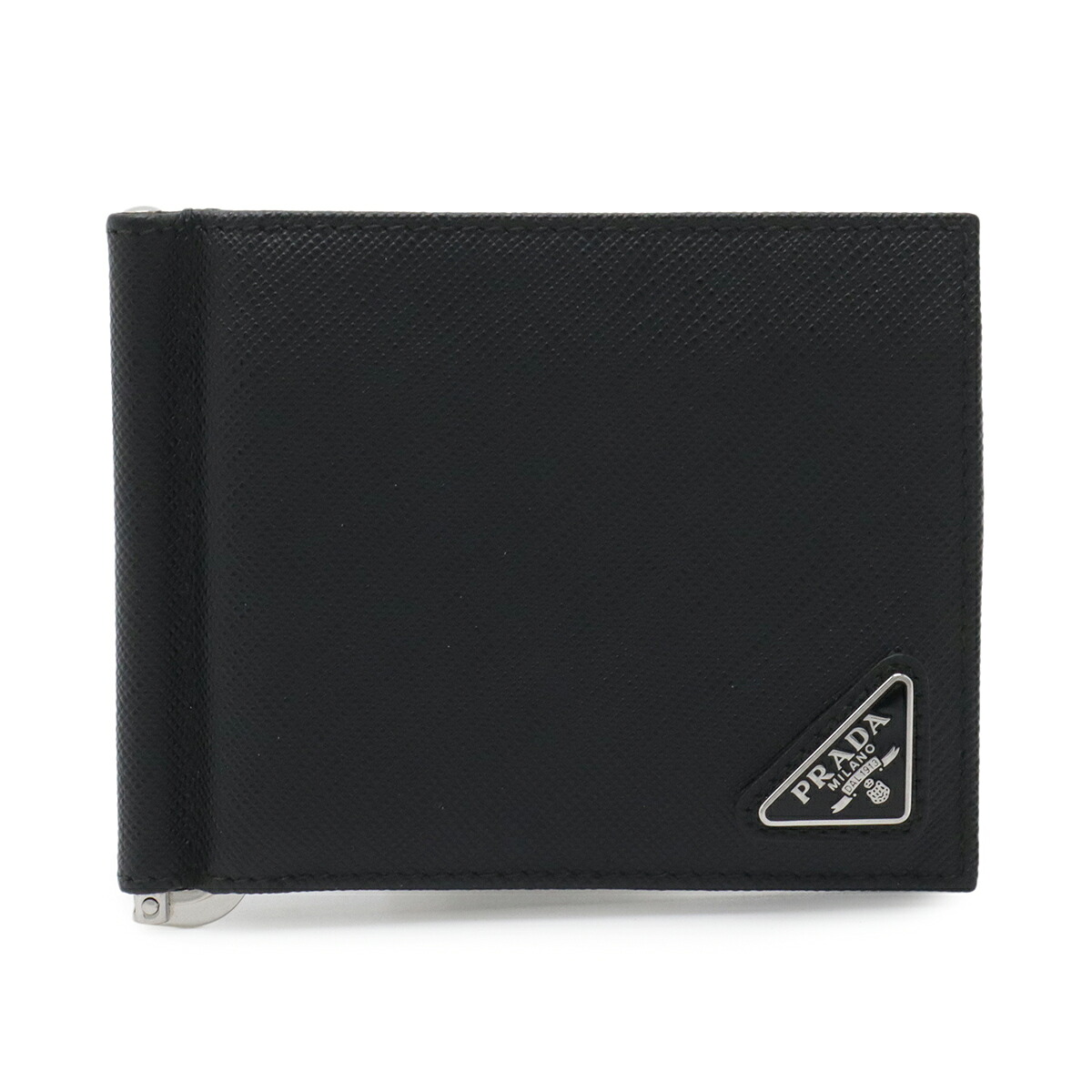 PRADA プラダ トライアングルロゴ 2つ折札入れ 二つ折り財布 マネークリップ式 ビルクリップ レザー NERO 黒 ブラック シルバー金具 2MN077 【中古】