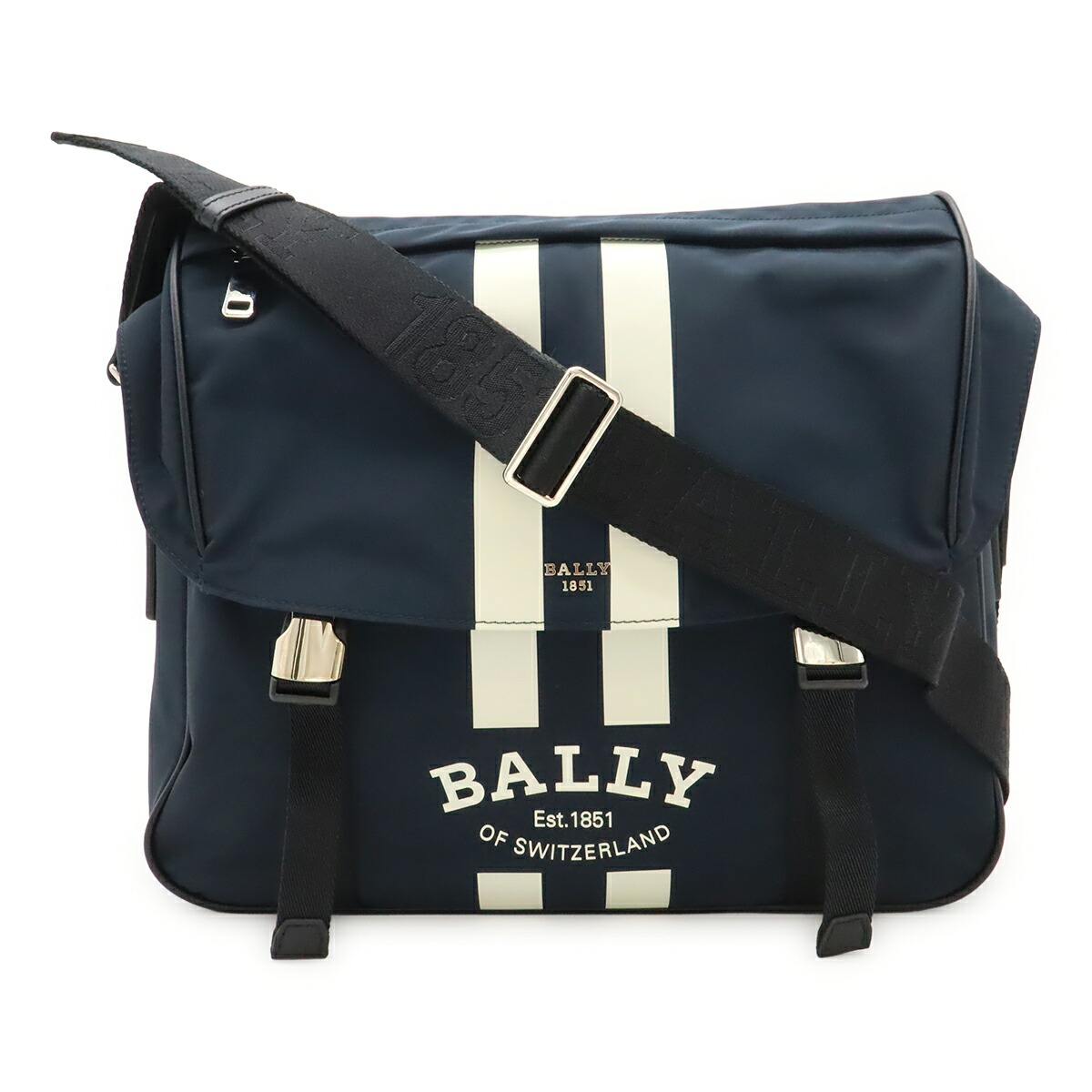 BALLY バリー FABRO.STL ファブロ ロゴプリント メッセンジャーバッグ ショルダーバッグ 斜め掛け ナイロン レザー ネイビー ホワイト シルバー金具 【中古】