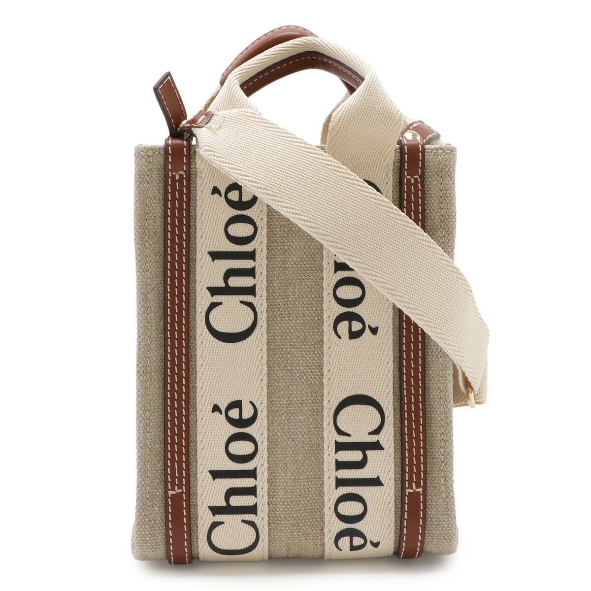 Chloe クロエ Woody ウッディ 北の方サウス ミニトート 2WAY ショルダーバッグ リネン帆布 なめし革 ベージュ 赤銅色 CHC24AP243I2690U 【中古】