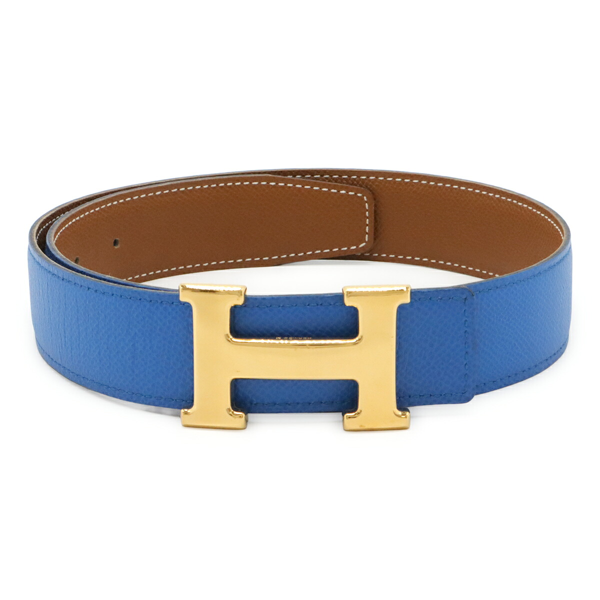 HERMES エルメス H三尺帯 リヴァーシブル ヴォーエプソン なめし革 青碧 青 ゴールド うす茶色 点火装置赤銅色 ゴールド金具 #65 □A目じるし 【中古】