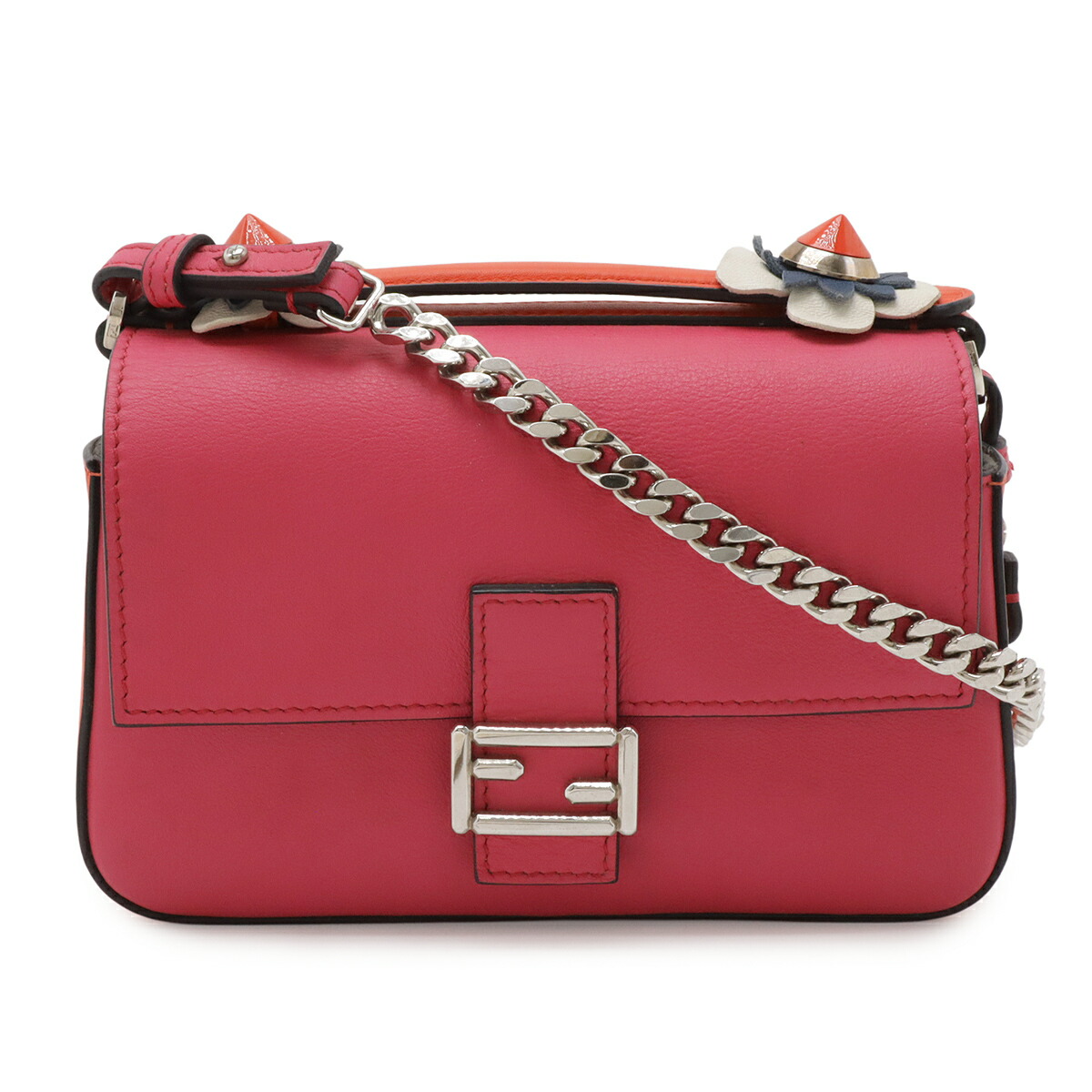 FENDI フェンディ ダブル マイクロ井戸釣瓶 ハンドバック ミニ御徒面子 2WAY チェーン店ショルダーバッグ 御花 なめし革 白いこと サクラ色 8M0371 【中古】