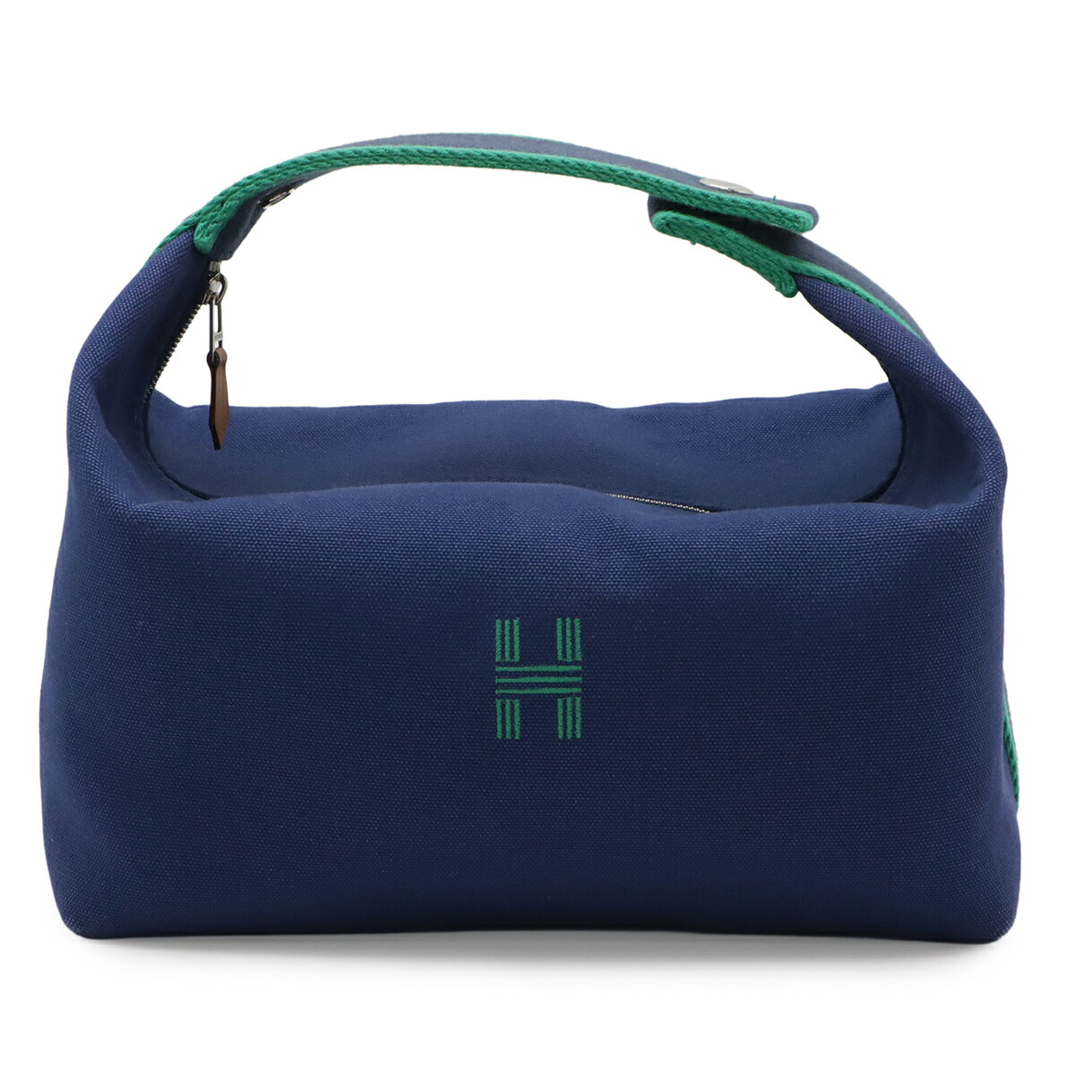 HERMES エルメス ブリッド ア ブラック GM バス用ポーチ 化粧ポーチ コスメポーチ ハンドバッグ キャンバス マリン ネイビー シルバー金具 H104223M 【中古】