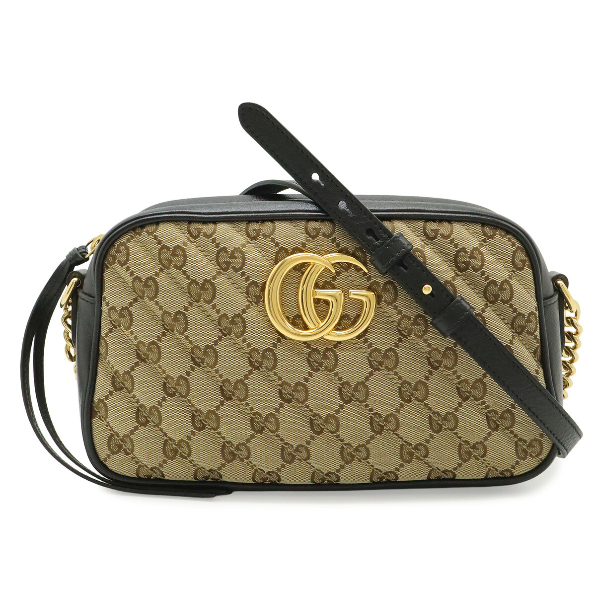 GUCCI グッチ GGマーモント GGキャンバス ショルダーバッグ ポシェット チェーンバッグ キルティング ベージュ ブラック ゴールド金具 447632 【中古】|ブルーミン/森田質店