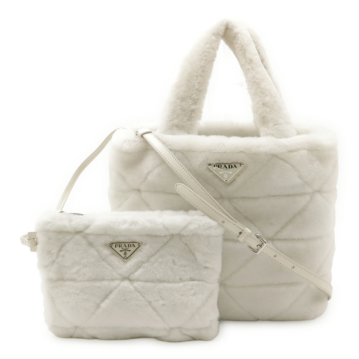PRADA ホワイトファートートバッグ PRADA テリーホワイトファートートバッグ