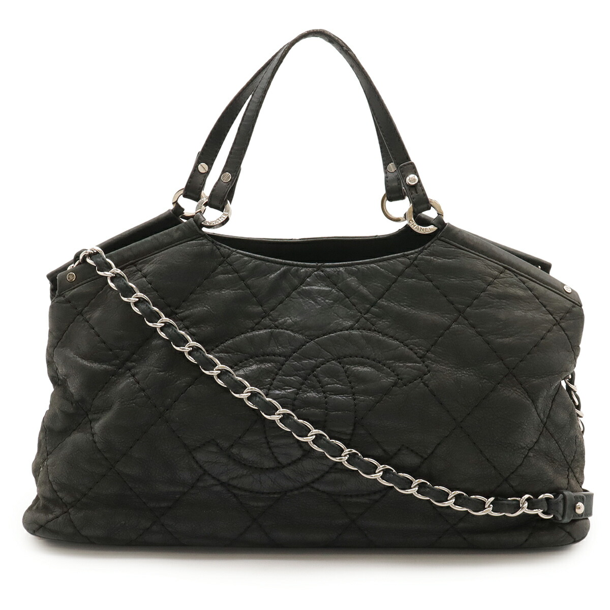 CHANEL シャネル マトラッセ ココマーク トートバッグ 2WAY チェーン店ショルダーバッグ スパークルレザー 黒いこと 黒 しろがね色金具 A67045 【中古】