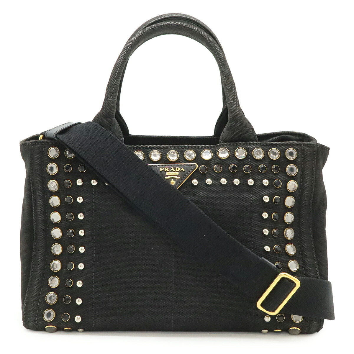 PRADA プラダ CANAPA カナパ ハンドバッグ 2WAY ショルダーバッグ 斜め掛け ビジュー スタッズ キャンバス NERO ブラック 黒 1BG439 【中古】