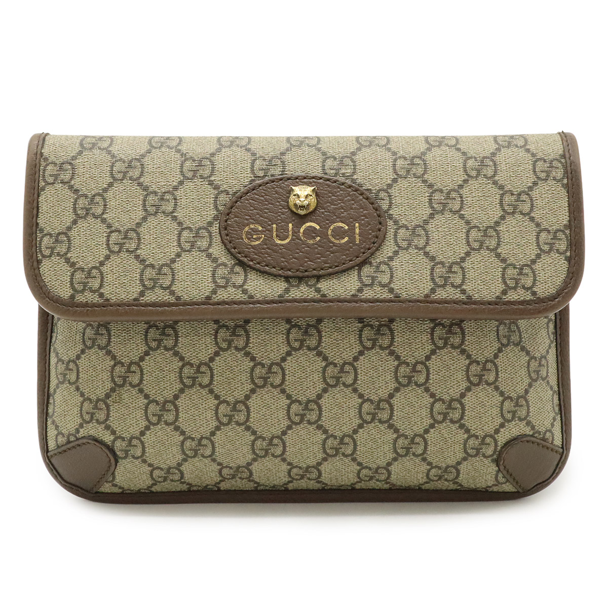 GUCCI グッチ GGスプリーム メタルキャットヘッド シェリーライン ボディバッグ ウエストバッグ PVC レザー カーキベージュ モカブラウン 493930 【中古】