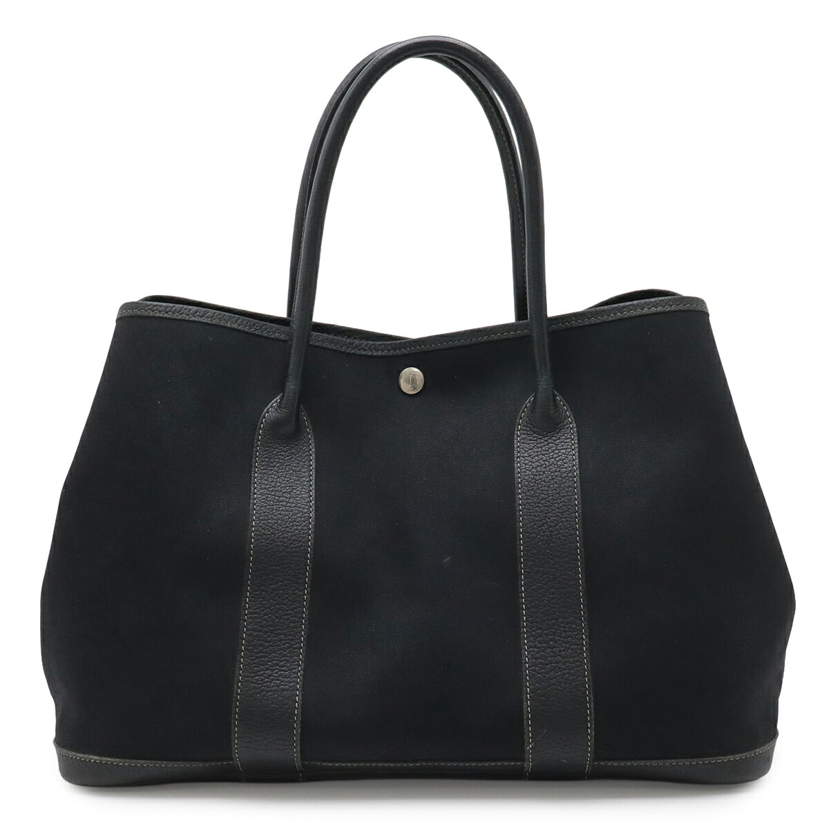 HERMES エルメス ガーデンパーティPM トートバッグ ハンドバッグ トワルオフィシエ キャンバス レザー ブラック 黒 シルバー金具 □G刻印 【中古】