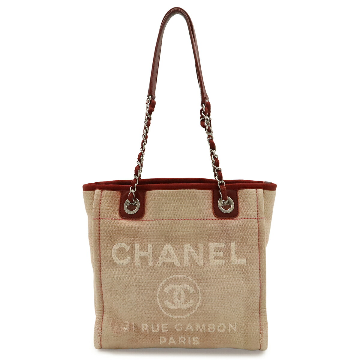 CHANEL シャネル ドーヴィル トートPM トートバッグ ショルダーバッグ チェーンショルダー キャンバス レザー ピンク レッド シルバー金具 A66939 【中古】