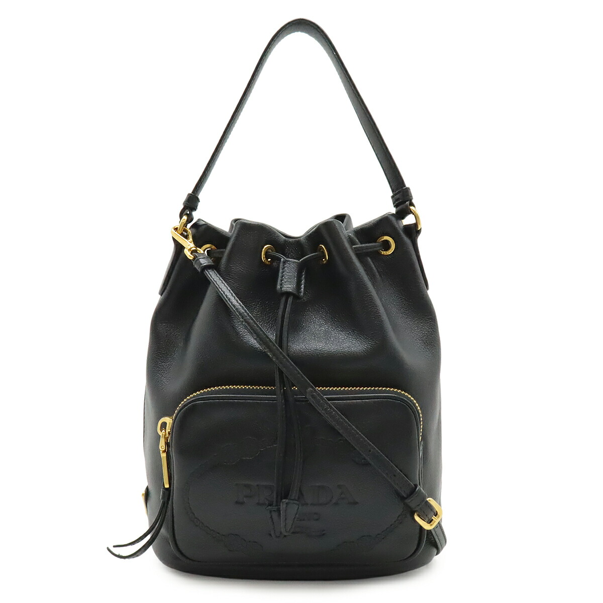 PRADA プラダ ハンドバック 井戸釣瓶御徒面子 合切袋 2WAY ショルダーバッグ なめし革 NERO 黒 黒いこと ゴールド金具 1BH038 【中古】