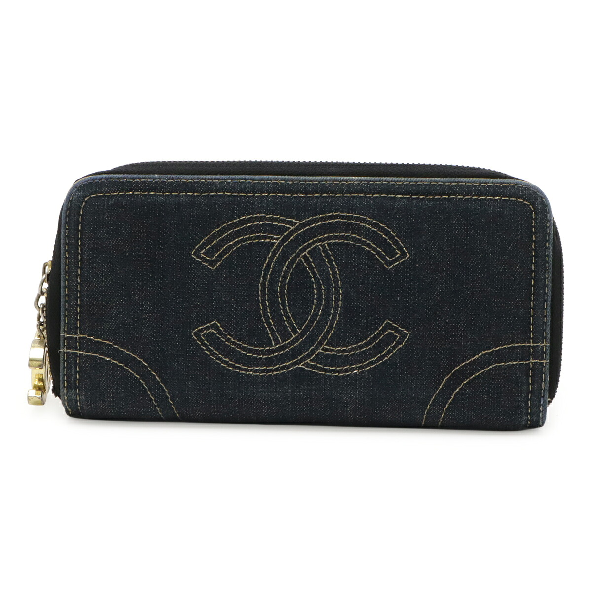 CHANEL シャネル スパークリングデニム ココマーク ラウンドジッパー 長紙入れ メタリックレザー インディゴ ゴールド 【中古】