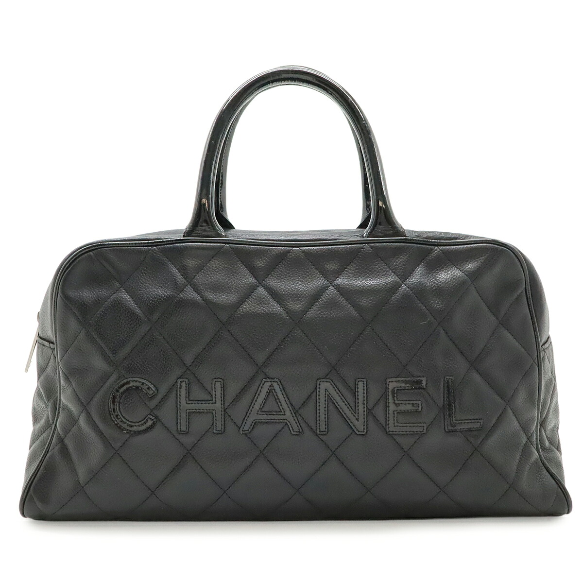 CHANEL シャネル マトラッセ ロゴ ハンドバッグ ミニボストンバッグ キャビアスキン レザー エナメル ブラック 黒 シルバー金具 A15685 【中古】