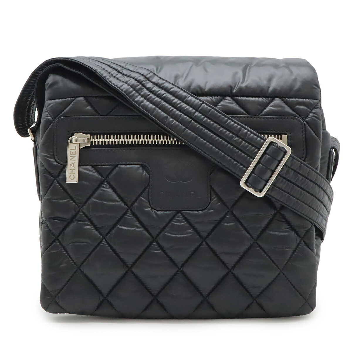CHANEL シャネル コココクーン マトラッセ スモールメッセンジャー ショルダーバッグ 斜め掛け ナイロン レザー ブラック 黒 シルバー金具 A48616 【中古】