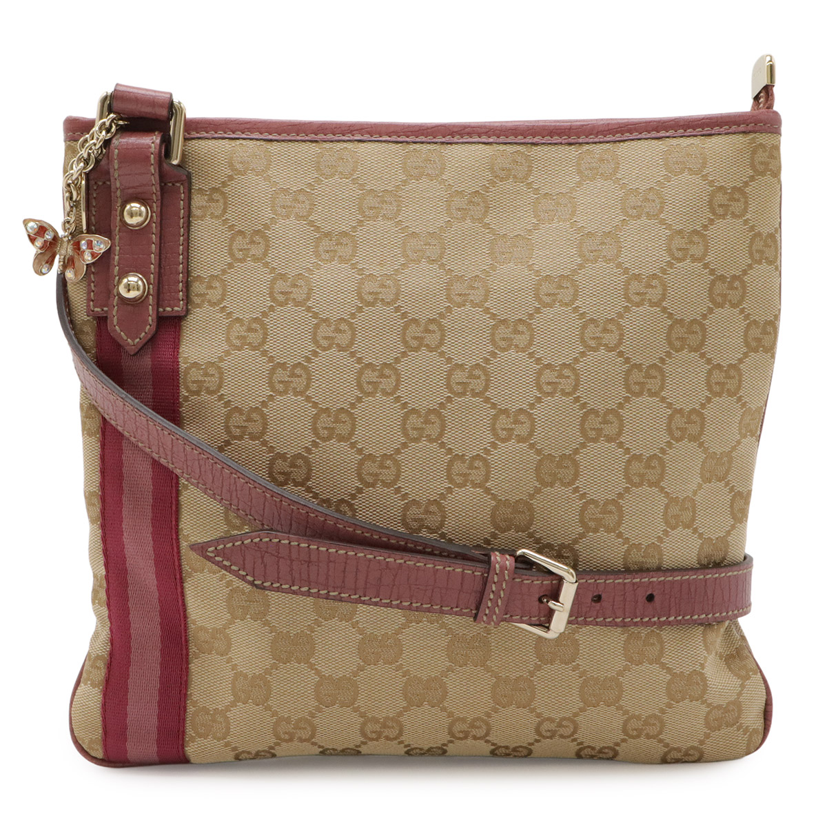 GUCCI グッチ GGキャンバス シェリーライン ショルダーバッグ 斜め掛け バタフライチャーム 蝶々 レザー ベージュ パープルピンク系 144388 【中古】
