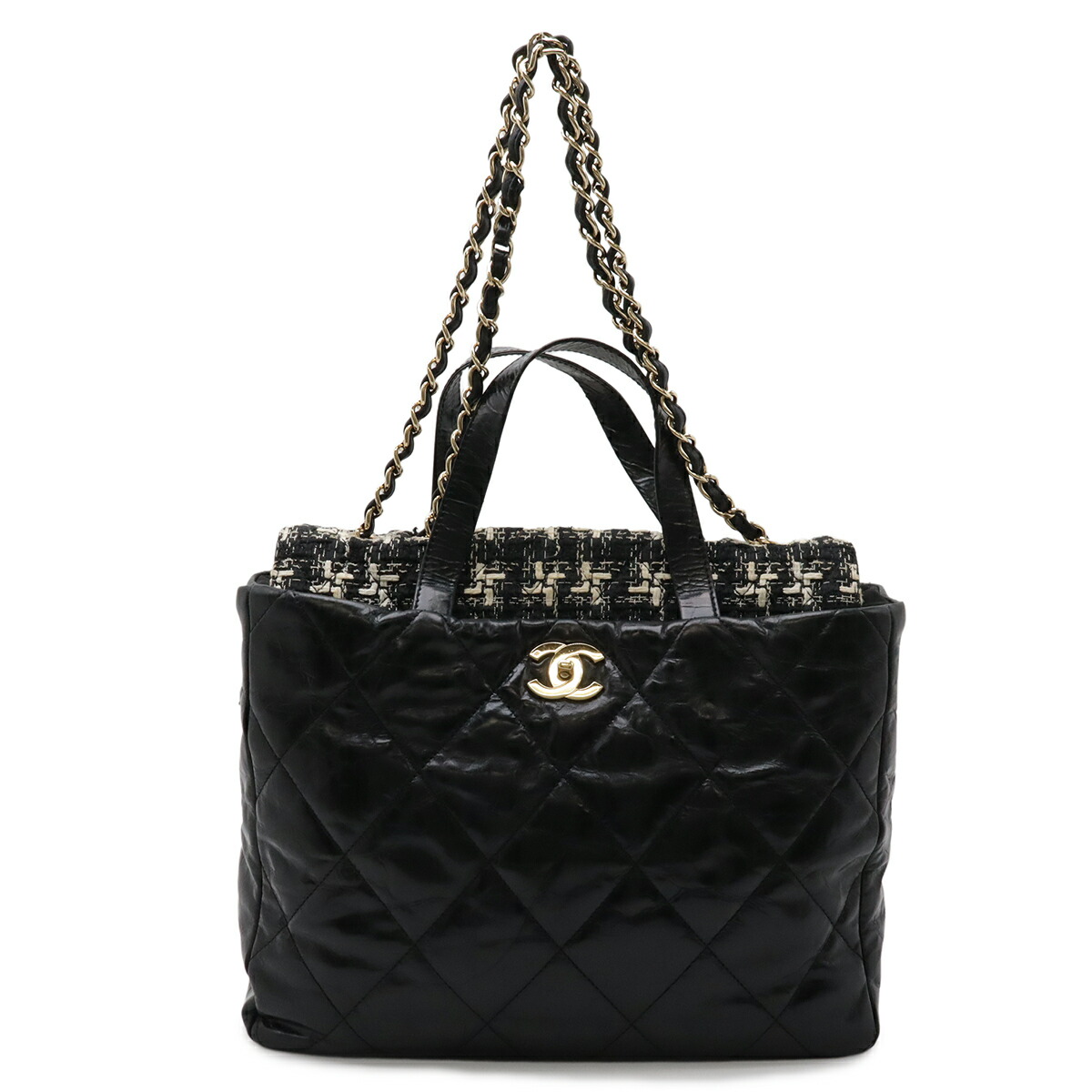 CHANEL シャネル ココマーク ポートベロー マトラッセ トートバッグ 2WAY ショルダーバッグ チェーンショルダー レザー ツイード ブラック A39045 【中古】