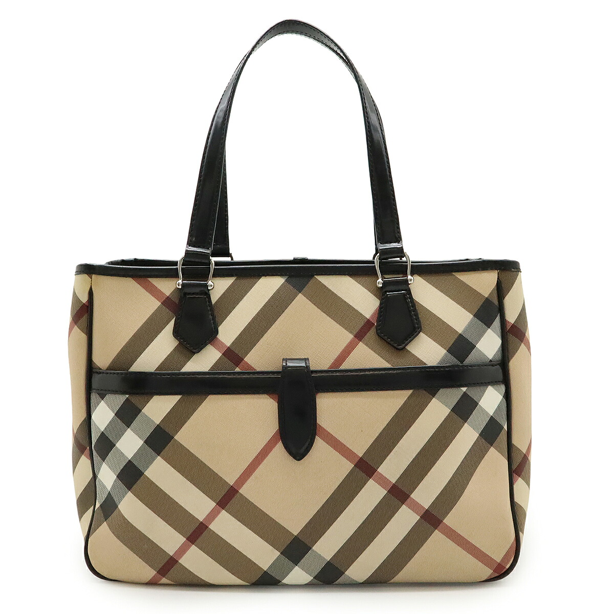 BURBERRY バーバリー ノバチェック チェック柄 トートバッグ ショルダーバッグ 肩掛け PVC エナメル ベージュ ブラック 黒 シルバー金具 【中古】