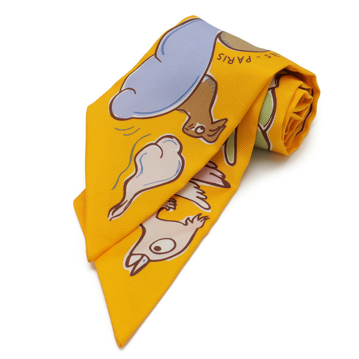 HERMES エルメス TWELL ツイリー ツイル トゥイリー スカーフ バッグアクセサリー MILLE ET UN LAPINS 千と一のウサギ シルク100% イエロー 【中古】