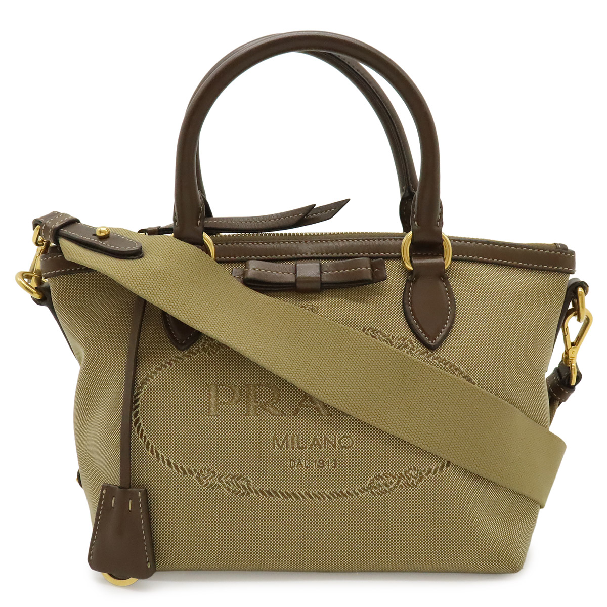 PRADA プラダ ロゴジャガード シュロの葉 ハンドバック 2WAY ショルダーバッグ 帆布 なめし革 カーキベージュ うす暗い赤銅色 ゴールド金具 1BA111 【中古】