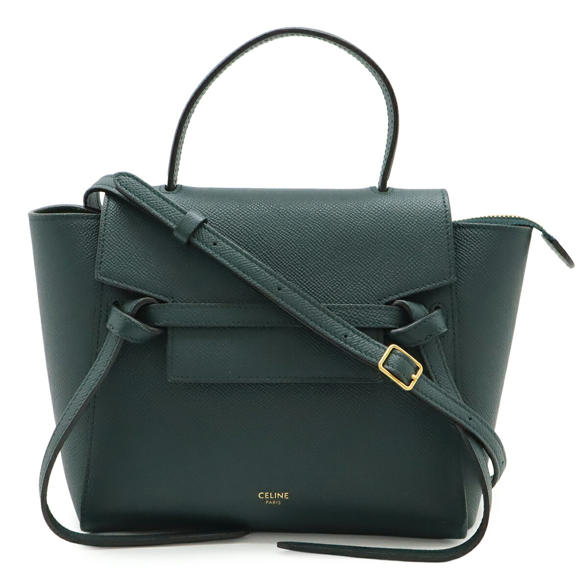 CELINE セリーヌ ベルトバッグ ナノ ハンドバッグ ミニバッグ 2WAY ショルダーバッグ 斜め掛け レザー ダークグリーン 深緑 ゴールド金具 189003 【中古】