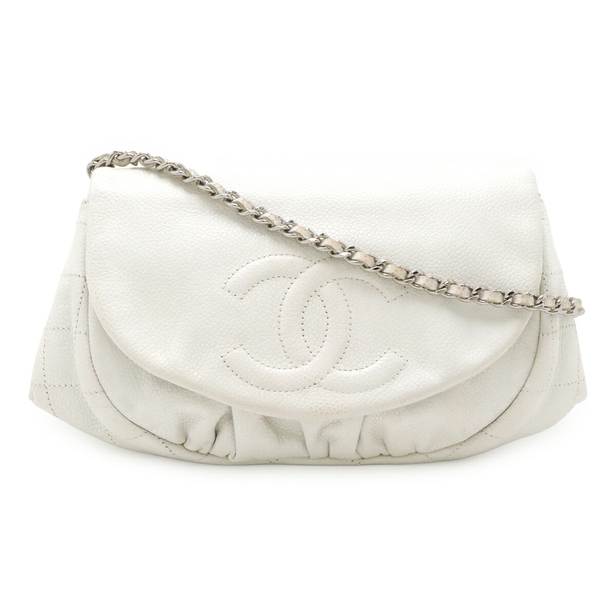 CHANEL シャネル 二分の一お月さま ココマーク チェーンウォレット ショルダーバッグ ポシェット キャビア素はだ 白いこと 白 しろがね色金具 A40033 【中古】