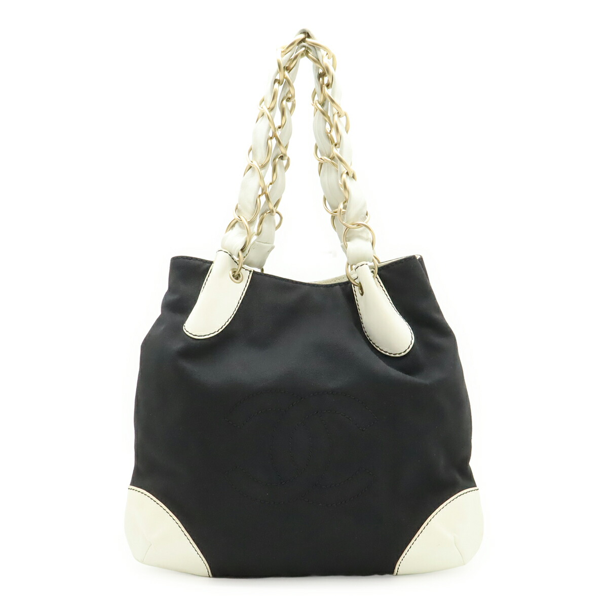 CHANEL シャネル ココマーク ビッグチェーン店 ハンドバック  トートバッグ 肩先 帆布 なめし革 黒いこと 黒 白いこと 白 ゴールド金具 【中古】