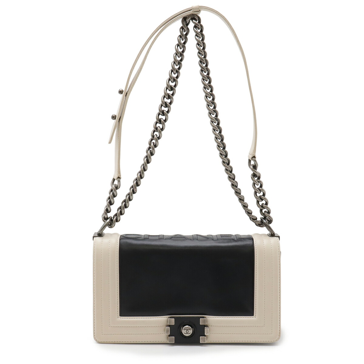 CHANEL シャネル ボーイシャネル25 ココマーク チェーンショルダーバッグ レザー ブラック 黒 アイボリー アンティークシルバー シルバー金具 【中古】