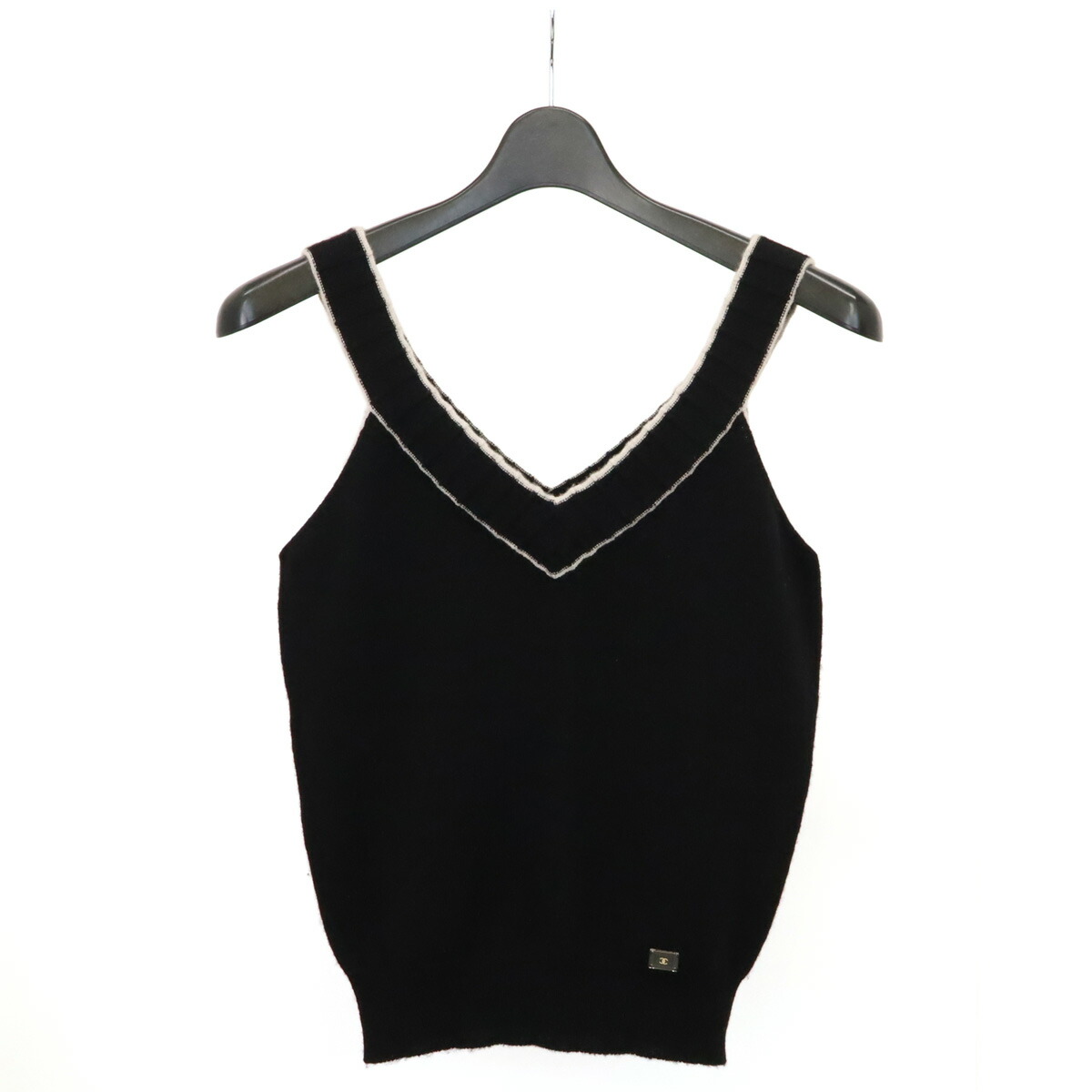 CHANEL シャネル ココマーク ニット トップス ノースリーブ パイピング ブラック 黒 ホワイト 白 カシミヤ100% 02P #38 【中古】