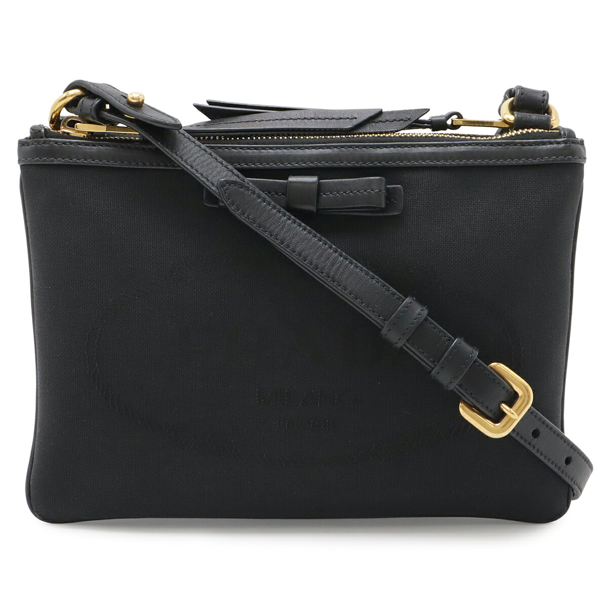 PRADA プラダ ロゴジャガード リボン ショルダーバッグ ポシェット 2WAY クラッチバッグ レザー NERO 黒 ブラック ゴールド金具 1BH046 【中古】|ブルーミン/森田質店