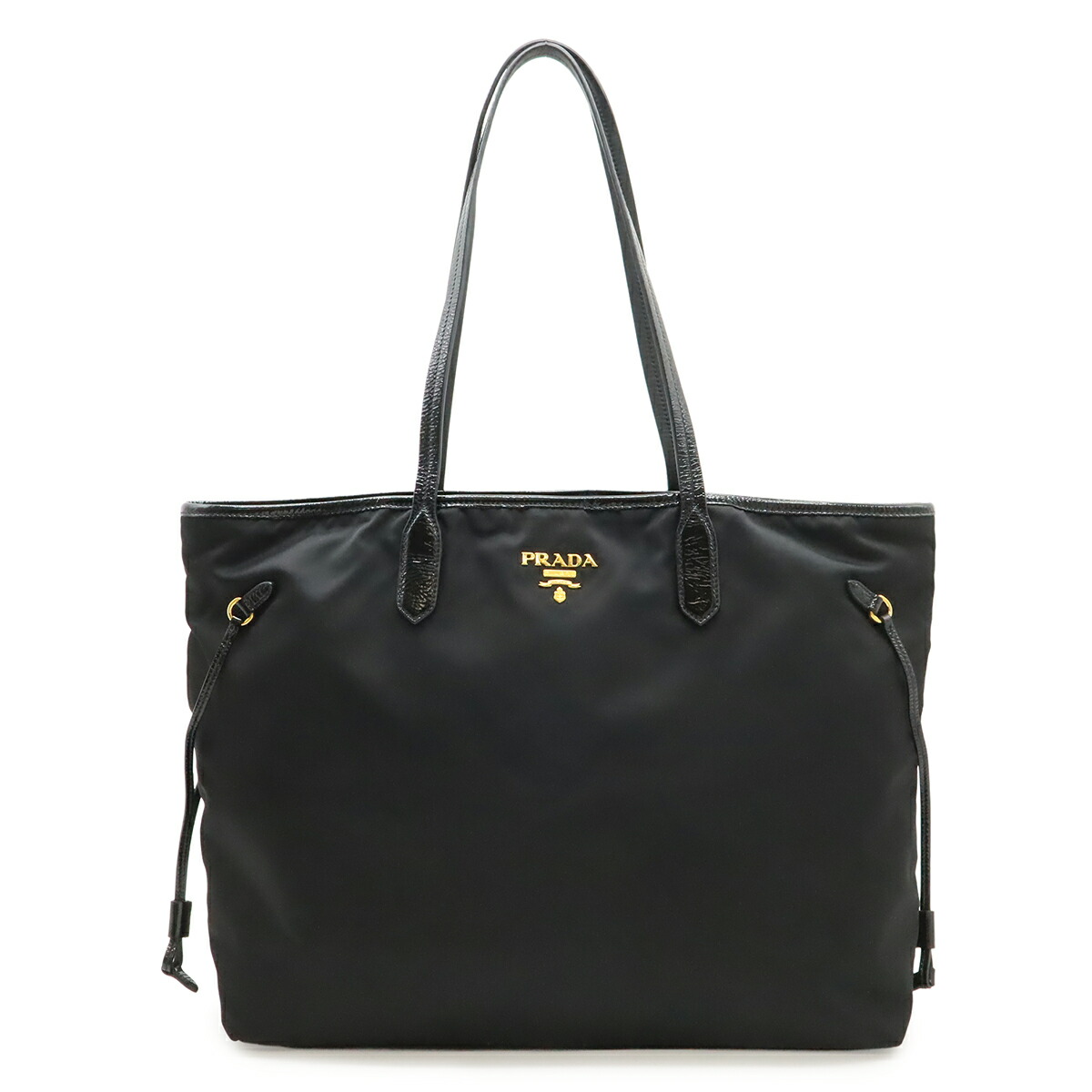 PRADA プラダ ロゴタイプ トートバッグ ラージトート ショルダーバッグ 肩かけ ナイロン エナメル 専売特許なめし革 NERO 黒 黒いこと ゴールド金具 【中古】