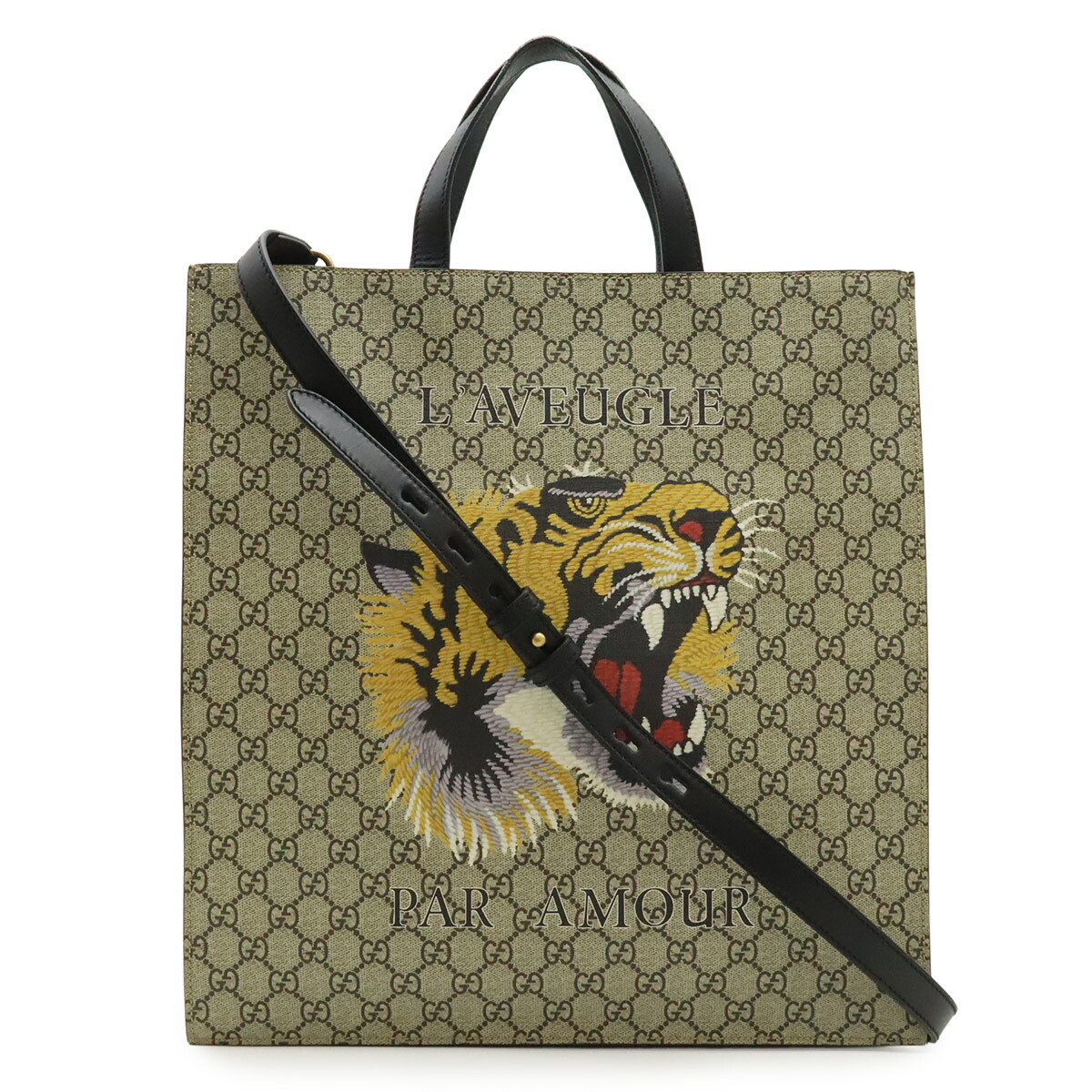 GUCCI グッチ GGスプリーム タイガー 虎 トートバッグ 2WAY ショルダーバッグ PVC レザー カーキベージュ ブラック 黒 450950 【中古】｜ブルーミン／森田質店